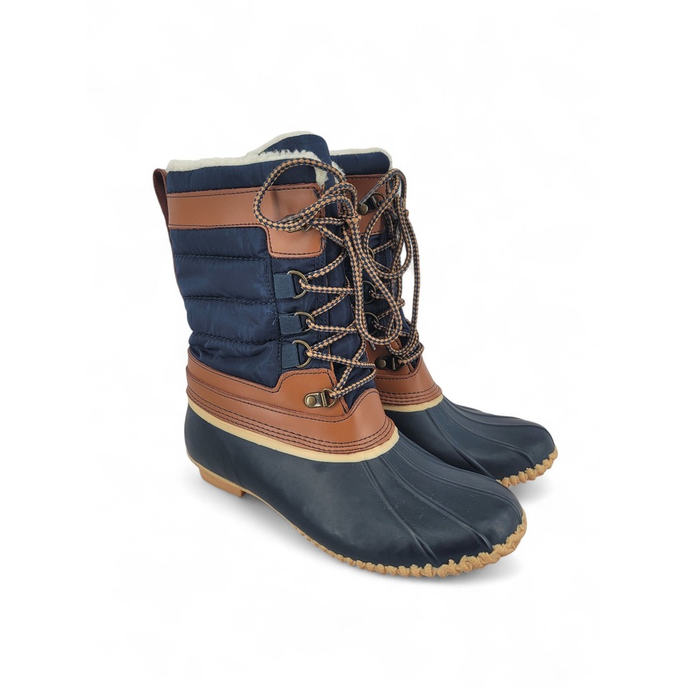 Lands End Duck Boots Womens‎ 8 Navy Brown Waterproof Cozy Winter Snow Lace Up